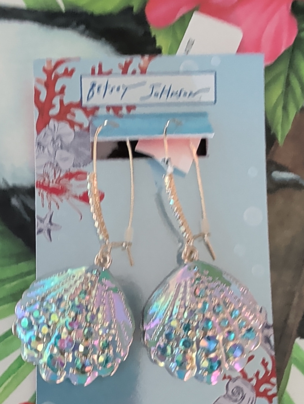 Betsey Johnson Iridescent Seashell Drop Earrings with Gold Hoops